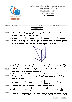 Đề khảo sát chất lượng lần 2 môn Toán Lớp 12 - Mã đề 116 - Năm học 2018-2019 - Trường THCS và THPT Lômônôxốp